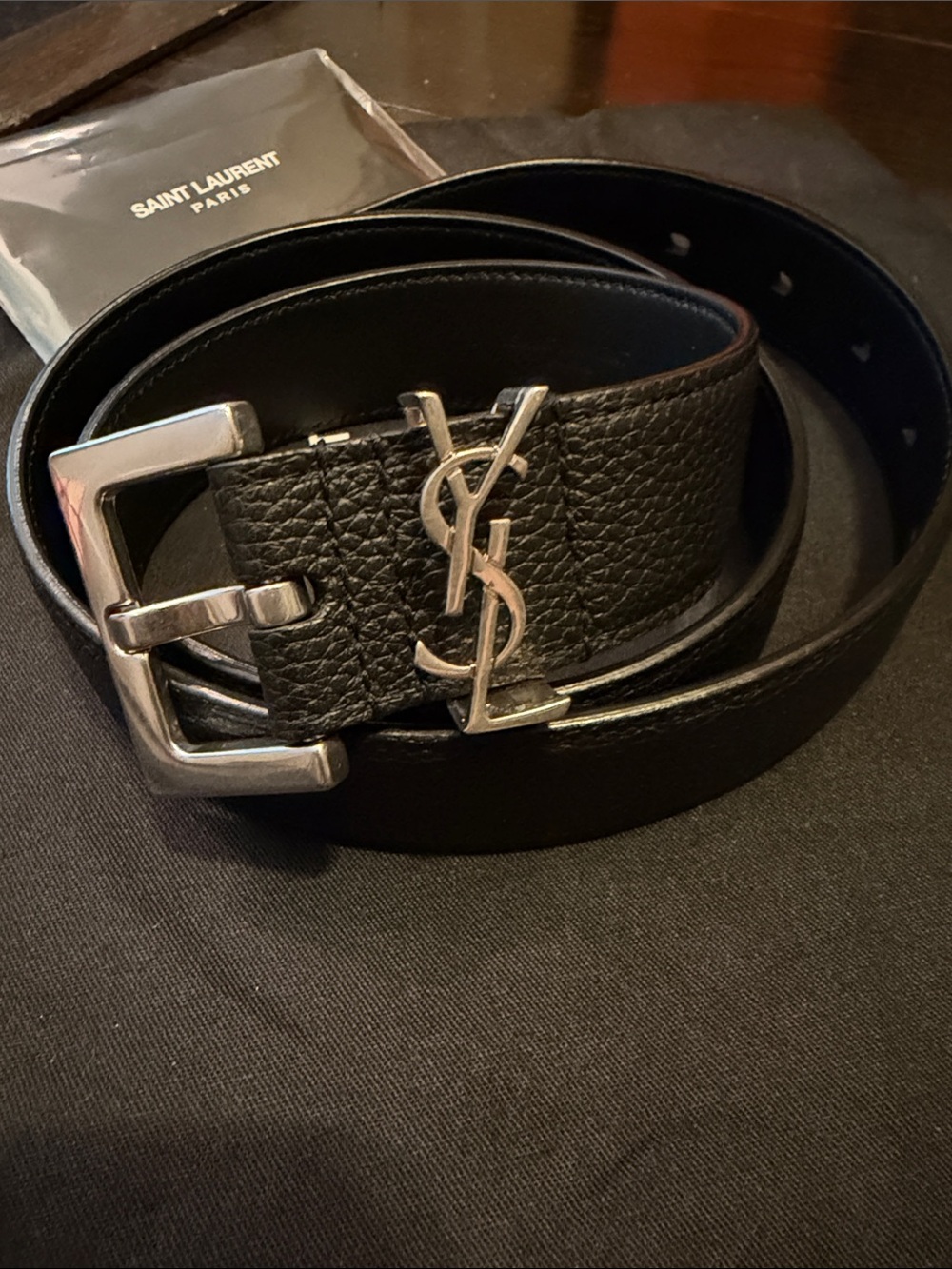 Saint Laurent Black Leather Belt with Silver YSL Logo Buckle